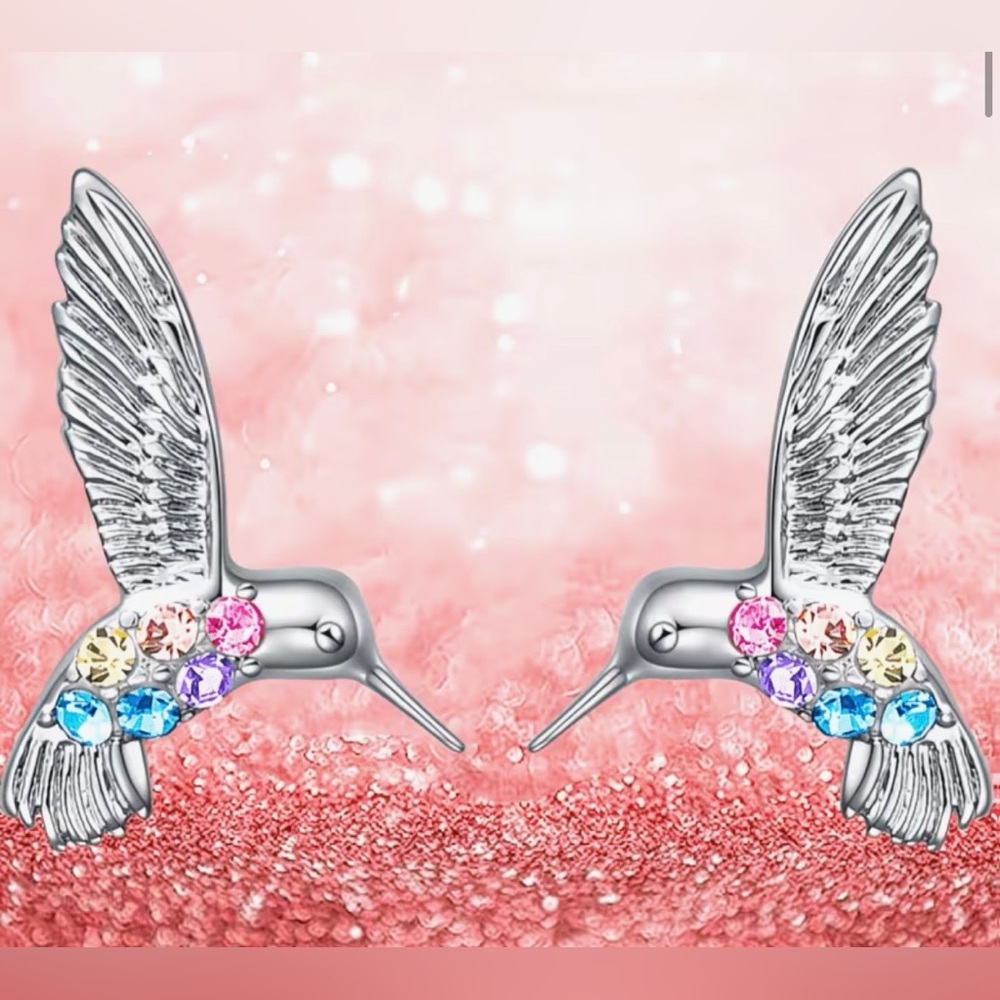 Silver Hummingbird Earrings with Multicolor Crystals